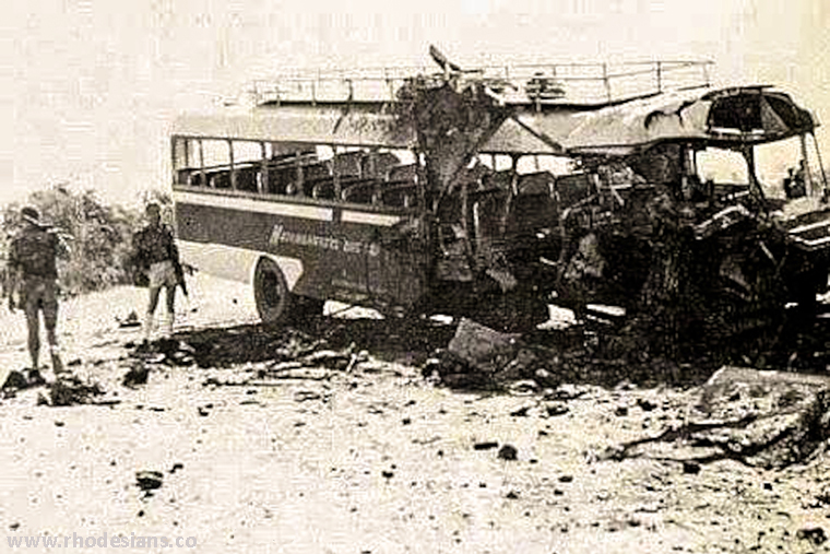 Bus after driving over landmine during Rhodesian Bush War