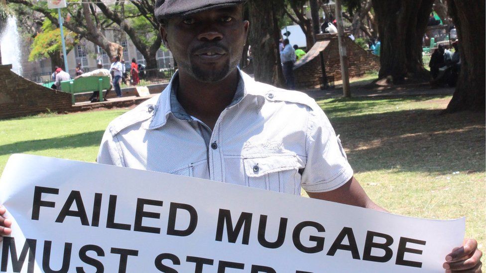 Itai Dzamara with anti-Mugabe poster at Unity Square 2014 protest