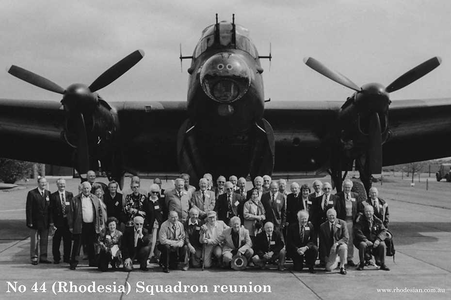 Photo of No 44 Rhodesia Squadron reunion in front of a Lancaster bomber